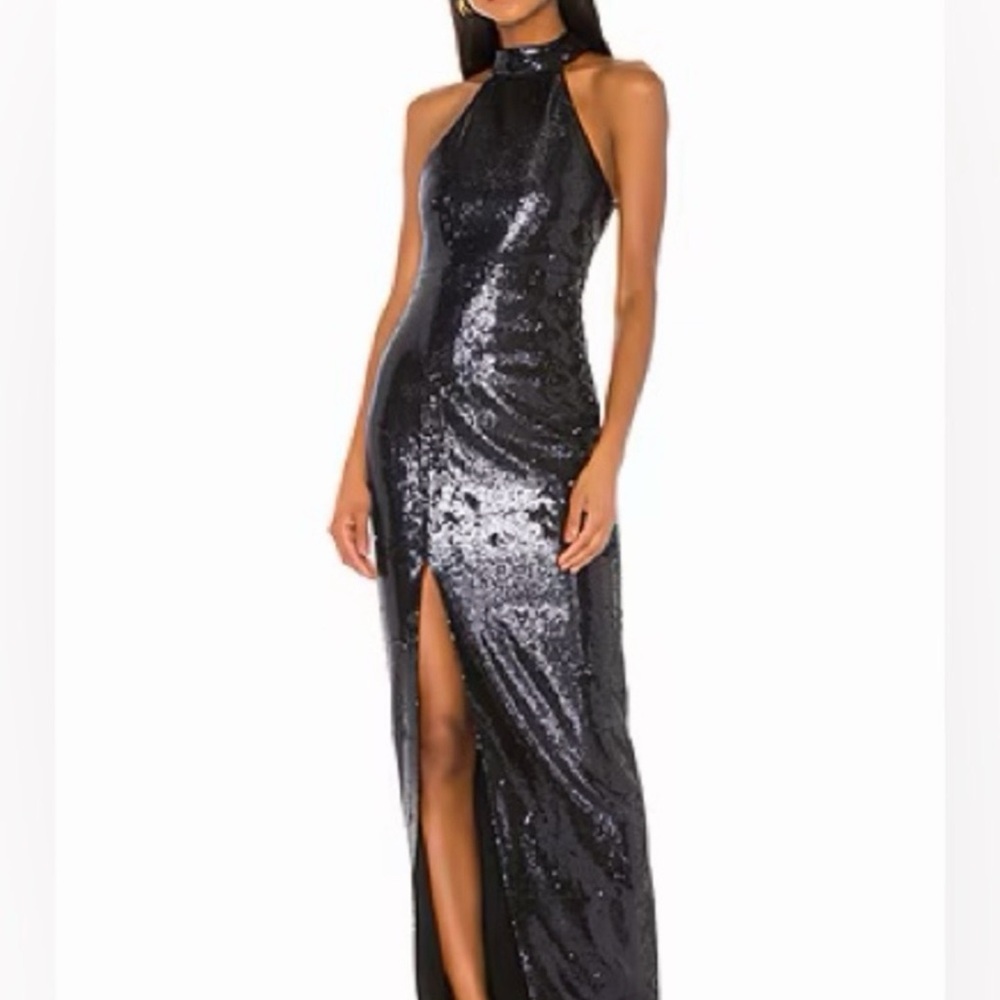 Likely Black Sequin Halter Maxi Dress with Thigh Slit